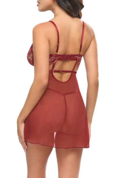 Oh La La Cheri Arielle Metallic Underwire Lace & Mesh Chemise & G-string Set In Brown