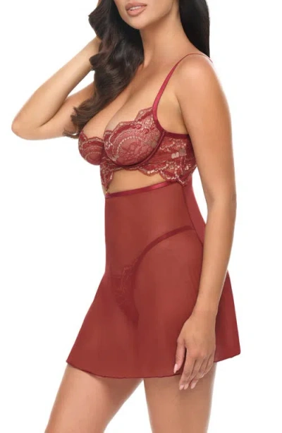Oh La La Cheri Arielle Metallic Underwire Lace & Mesh Chemise & G-string Set In Brown