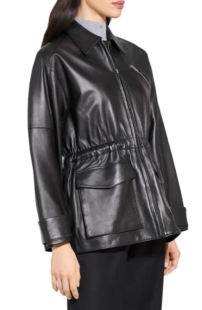 Theory Cinched Zip Up Leather Jacket In Black