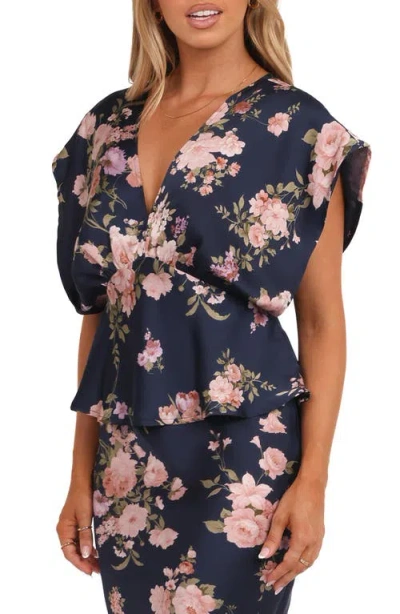 Petal And Pup Petal & Pup Ricki Floral Print Dolman Sleeve Satin Top In Blue
