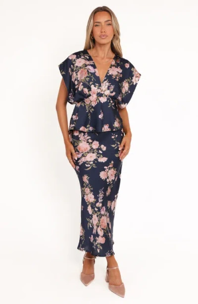 Petal And Pup Petal & Pup Ricki Floral Print Dolman Sleeve Satin Top In Blue