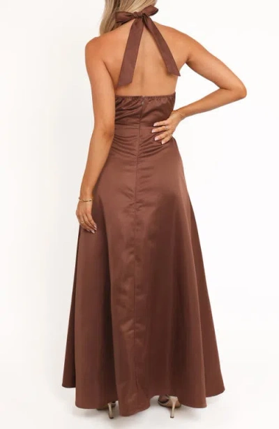 Petal And Pup Petal & Pup Norva Bow Front Halter Satin Maxi Dress In Brown