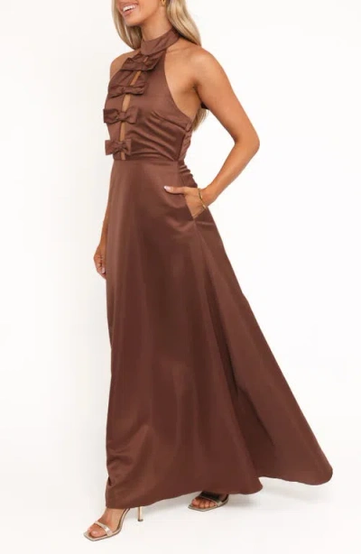 Petal And Pup Petal & Pup Norva Bow Front Halter Satin Maxi Dress In Brown
