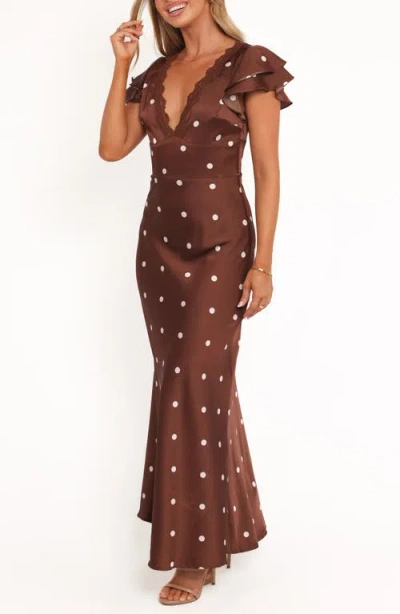 Petal And Pup Petal & Pup Arella Dot Satin Maxi Dress In Brown
