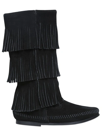 Minnetonka Layered Fringe Suede Boots In Black