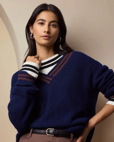 Onia Deep V-neck Varsity Pullover Sweater In Blue