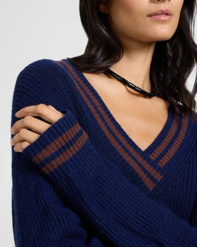 Onia Deep V-neck Varsity Pullover Sweater In Blue