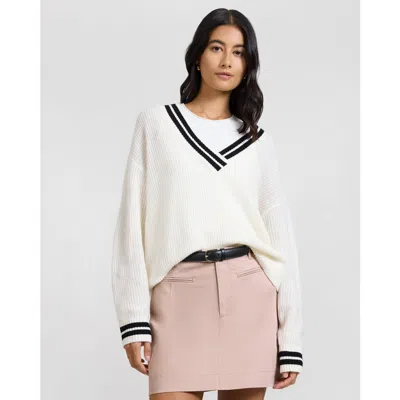 Onia Deep V-neck Varsity Pullover Sweater In White