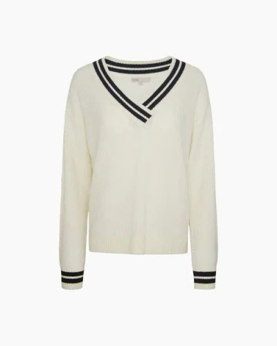 Onia Deep V-neck Varsity Pullover Sweater In White
