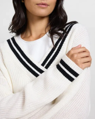 Onia Deep V-neck Varsity Pullover Sweater In White