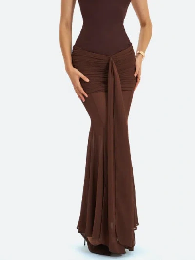 Miss Circle Giovana Sweetheart Draped Mesh Mermaid Maxi Dress In Burgundy