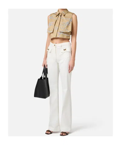 Elisabetta Franchi Cotton Trousers With Jewel Bows In White