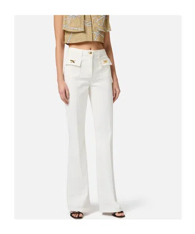 Elisabetta Franchi Cotton Trousers With Jewel Bows In White