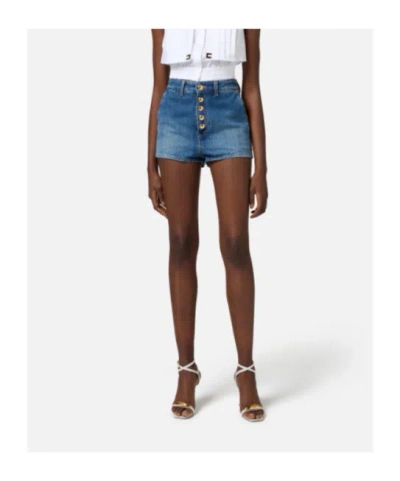 Elisabetta Franchi High Waist Denim Shorts With Button Detailing In Blue