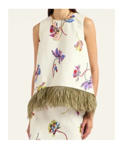 La Doublej La Scala Feather-trimmed Cotton Top In White