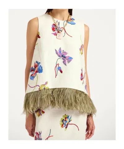 La Doublej La Scala Feather-trimmed Cotton Top In White