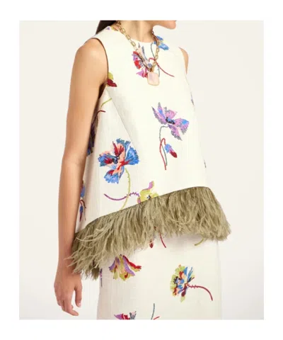 La Doublej La Scala Feather-trimmed Cotton Top In White