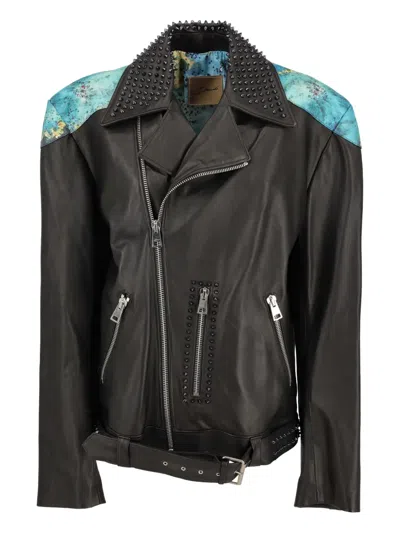 Pre-owned Vintage Patterned Studded Biker Jacket In Black
