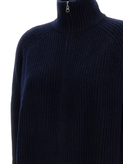 Lisa Yang High-neck Ribbed Knit Cardigan With Metal Zipper In Blue