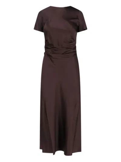 Staud Marcel Ruched Stretch-silk Charmeuse Midi Dress In Brown
