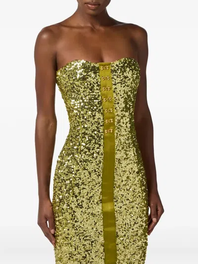 Elisabetta Franchi Sequin Bustier Dress With Jewel Hooks In Green