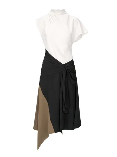 Staud Davina Asymmetric Paneled Color-block Draped Crepe Dress In White