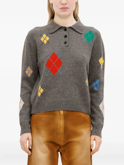 Msgm Polo Shirt With Argyle Pattern In Gray