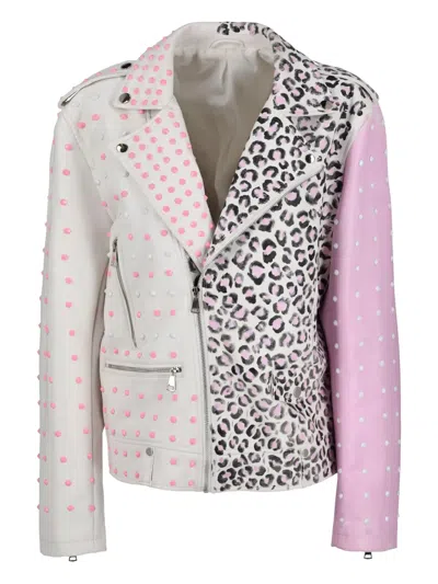 Pre-owned Vintage Animalier Studded Biker Jacket In White