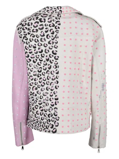 Pre-owned Vintage Animalier Studded Biker Jacket In White