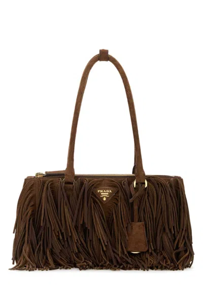Prada Suede Shoulder Bag With Fringe And Handles In Brown