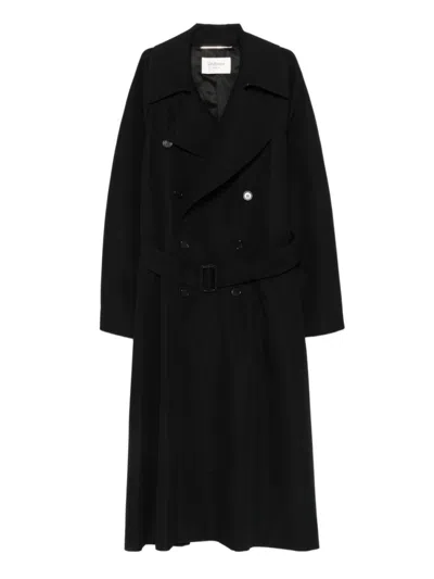 Saint Laurent Double-breasted Long Coat In Grain De Poudre In Black