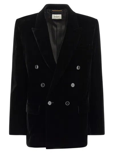 Saint Laurent Cassandre Double-breasted Wool Gabardine Blazer In Black