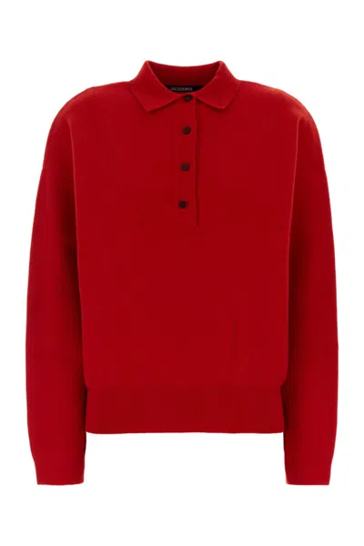 Jacquemus Pallone Vareuse-style Knit Polo Sweater In Red