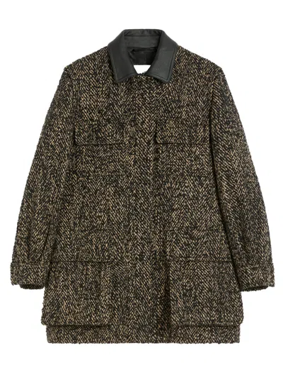 Max Mara Herringbone Pattern Wool Jacket With Leather Collar In Black