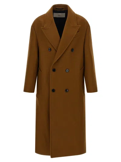 Ami Alexandre Mattiussi Double-breasted Coat Featuring Back Vent And Notched Lapels In Brown