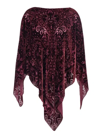 Etro Bordeaux Cape With All-over Paisley Motif And Triangular Hem In Silk Blend Woman In Brown