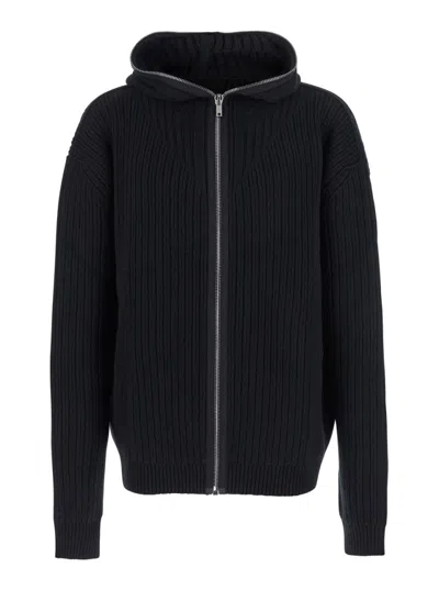 Rick Owens Black Hooded Sweatshirt With Front Zip Closure In Wool Man In Blue