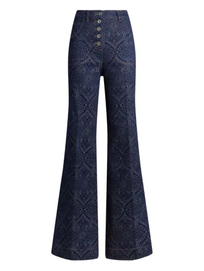 Etro Flared Jacquard Denim Jeans With Pegaso Buttons In Blue