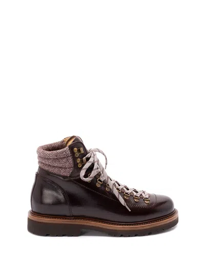 Brunello Cucinelli Mountain Boot Leather Ankle Boots With Wool And Cashmere Insert In Brown