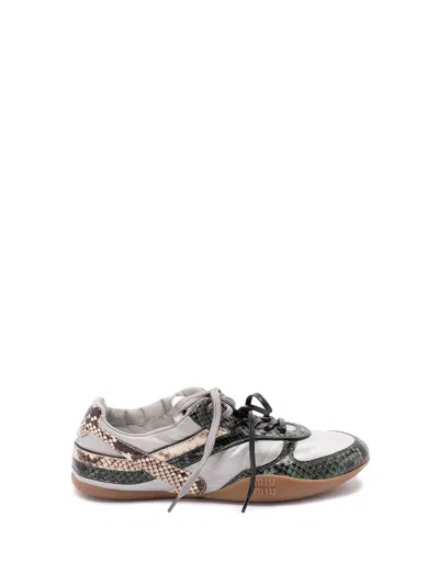 Miu Miu Gymnasium Technical Fabric And Python-print Ayers Leather Sneakers In Gray