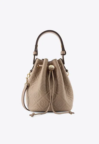 Tory Burch T Monogram Pebble Mini Leather Bucket Bag In Neutral