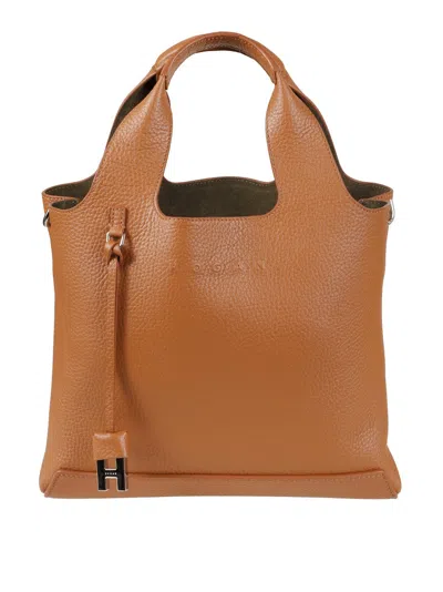 Hogan Structured Leather Handbag With Pebbled Texture In Brown
