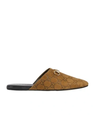 Gucci Women Brown Mule With Horsebit On The Front And All-over Gg Motif In Suede Woman In Brown