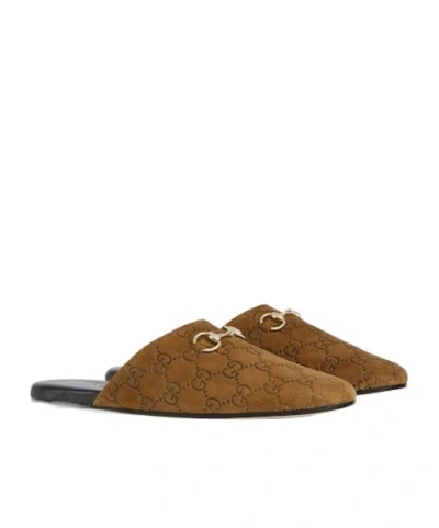 Gucci Women Brown Mule With Horsebit On The Front And All-over Gg Motif In Suede Woman In Brown