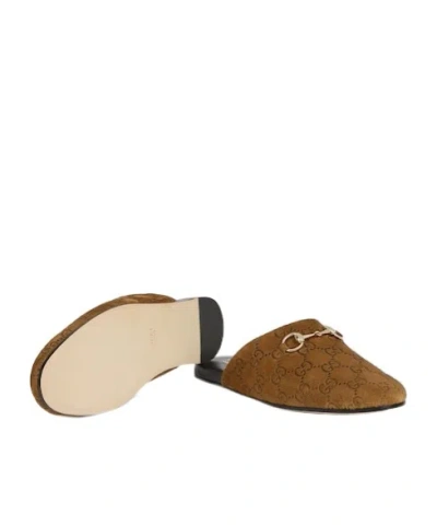 Gucci Women Brown Mule With Horsebit On The Front And All-over Gg Motif In Suede Woman In Brown