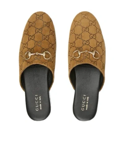Gucci Women Brown Mule With Horsebit On The Front And All-over Gg Motif In Suede Woman In Brown