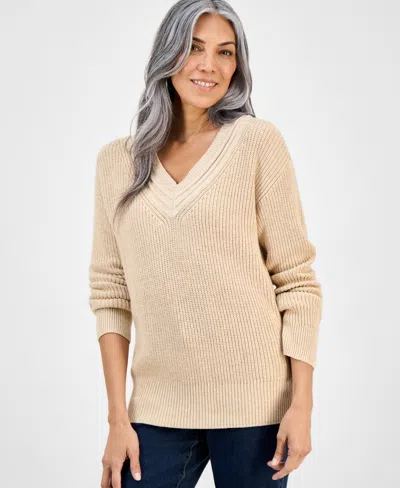 Style & Co Petite Textured Stitch V-neck Sweater, Macy's Exclusive In Neutral