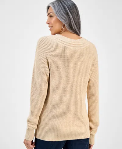 Style & Co Petite Textured Stitch V-neck Sweater, Macy's Exclusive In Neutral