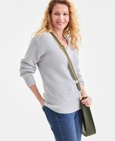 Style & Co Petite Textured Stitch V-neck Sweater, Macy's Exclusive In Gray