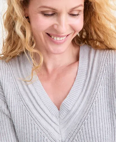 Style & Co Petite Textured Stitch V-neck Sweater, Macy's Exclusive In Gray